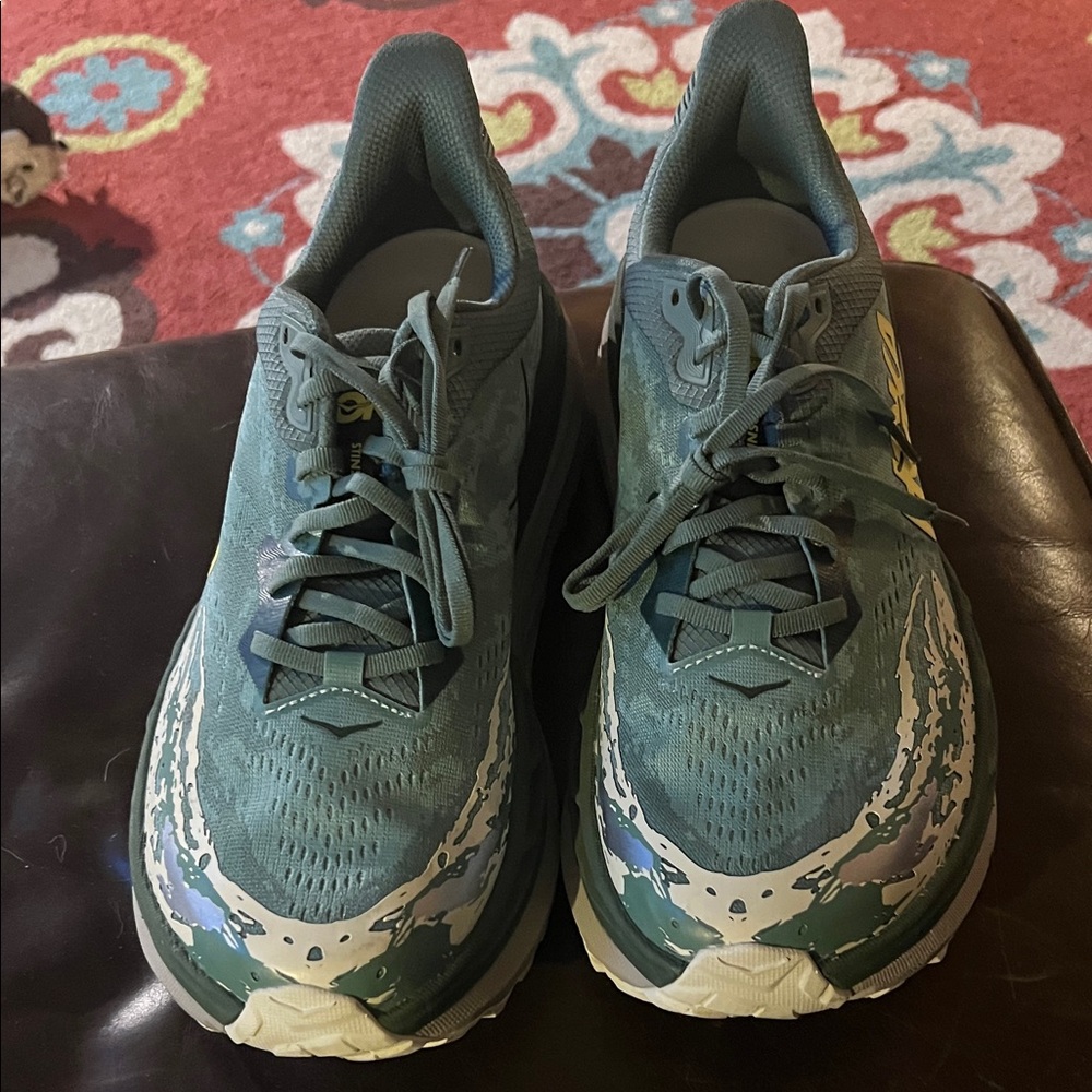 Hoka Stinson Green and tan men’s trail shoe